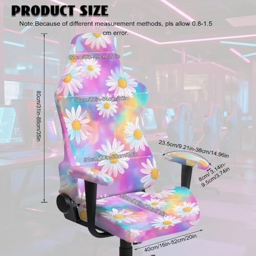 Daisy Tie Dye Print Gaming Chair Cover Washable 4 Piece Furniture Protector Breathable Stretchable Gaming Chair Slipcover with Armrest Covers