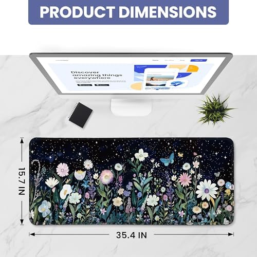 Aesthetic Desk Mat, Cute Celestial Garden Desk Pad Protector for Work & Decor, 35.4" x 15.7", Pretty Non-Slip Extended Mouse Pad for Office or Home