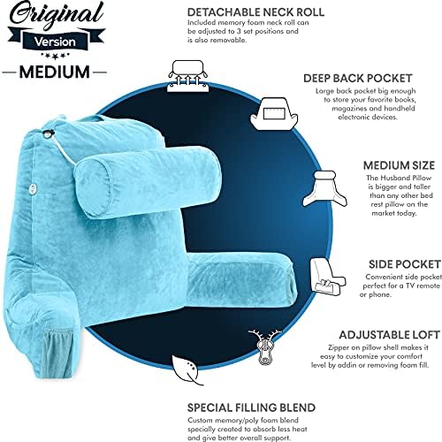 Husband Pillow Medium Reading Pillow with Arms - 23" Backrest for Sitting Up in Bed - Firm Support Bed Rest Pillow for Adults, Neck Roll, Removable Cover - TV, Reading, Lounging - Carolina Blue