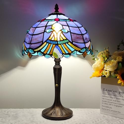 Tiffany Table Lamp Purple Baroque Style Stained Glass Lamp 3 Color Temperature 12 Inch Antique Desk Light Handcrafted Light for Bedroom Living Room Home, Included LED Bulb