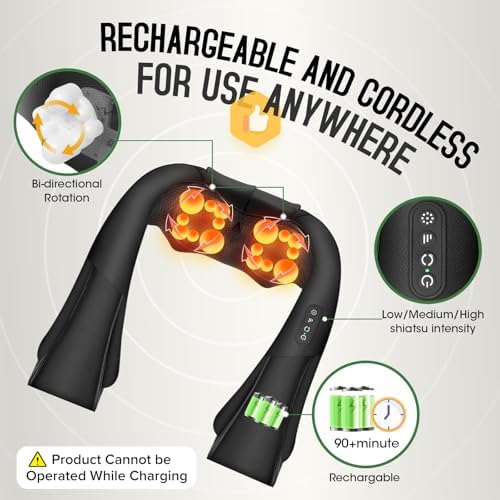 Cordless Shiatsu Neck and Shoulder Massager, Back Massager with Heat ,Massage Deeper Tissue 4D Kneading Massage for Shoulder, Neck and Back, Use at Home, Office, Car - Gifts for Fathers Day Dad Gift