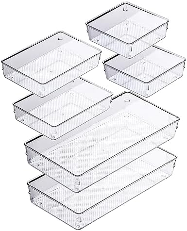 3 Pack Clear Plastic Drawer Organizer Tray Cutlery Utensil Makeups Drawer Silverware Organizers 12" X 6"… (6P(6X6+6X9+6X15))
