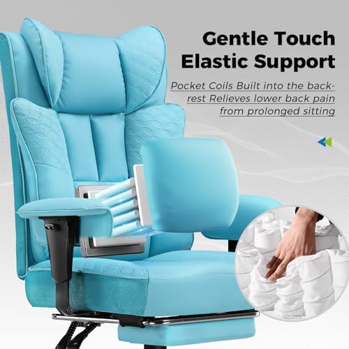 GTPLAYER Big and Tall Office Chair, Wide Ergonomic Gaming Chair with Deluxe Embossing Designed Leather with Foot Rest,150°Reclining Adjustable Soft Armrests Pocket Spring Back Support and Pillow