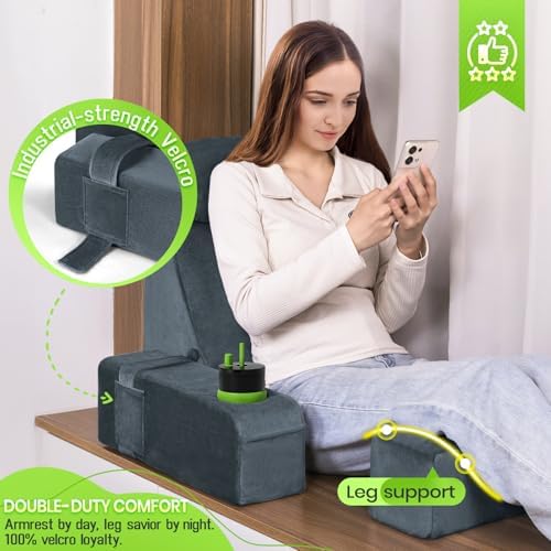 19 INCH Reading Pillow for Adults, Back Pillow for Bed Sitting Up, Backrest Pillow for Sitting in Bed, Detachable Arms with Built-in Cup & Phone Caddy (Dark Gray, 19 INCH)