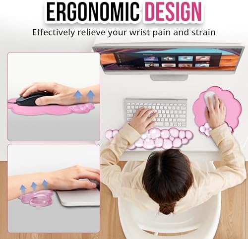 Keyboard Wrist Rest Set — Ergonomic Cloud Wrist Rest Keyboard and Mouse Pad, Non-Slip Desk Accessories for Office and Home（Pink）