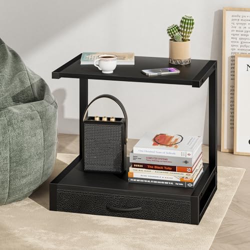 YAOHUOO 2-Tier Desktop Printer Stand with Fabric Drawer,17.3"x11.8" Black