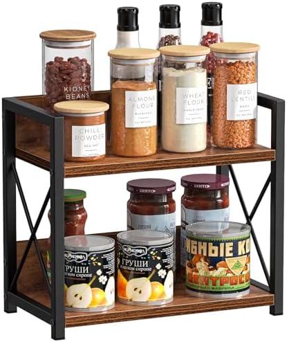 Giikin Countertop Shelf Organizer, 2 Tier Kitchen Spice Rack for Countertop, Wood Coffee Counter Shelf Organizer for Home (Brown, S)
