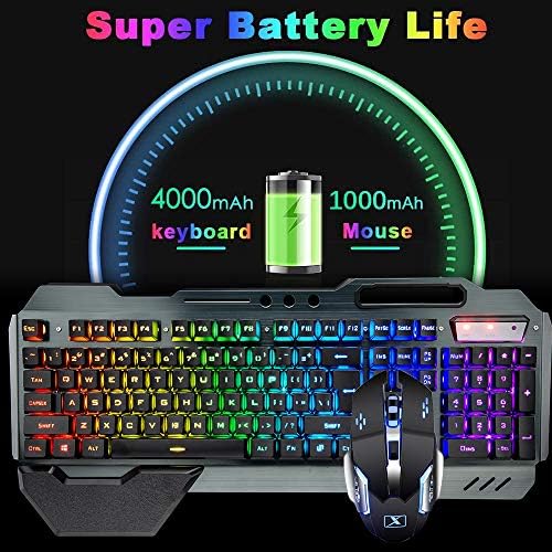 Wireless Gaming Keyboard and Mouse,RGB Backlit Rechargeable Keyboard Mouse with 5000mAh Battery Metal Panel,Removable Hand Rest Mechanical Feel Keyboard and 7 Color Gaming Mute Mouse for PC Gamer