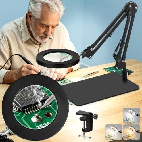 KIRKAS Magnifying Glass with Light and Stand, 12X 11in Clamp & Base