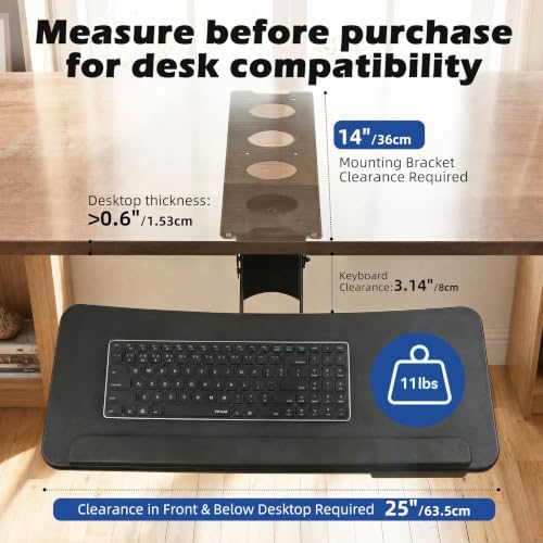 Under Desk 25” Keyboard Tray with Drawer, Height Adjustable for Home Office