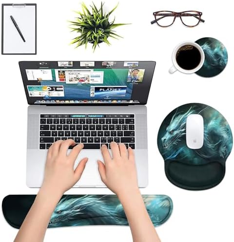 Keyboard Wrist Rest and Mouse Pad Wrist Support Set with Coasters, Ergonomic Gaming Mousepad Non-Slip PU Base for Home Office Working Studying Easy Typing & Pain Relief - Dragon