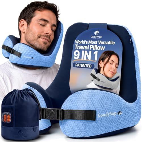 ComfyNap® Versatile Travel Neck Pillow for Airplane [Patented], 9 Positions in 3 Techniques, Plane Pillow with Pure Memory Foam, Travel Pillow with HeadRest Flight Sleep, Travel Essential - Zeus
