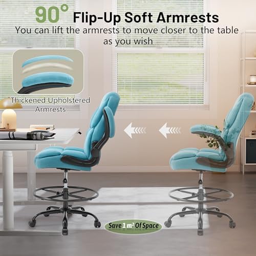 500LBS Drafting Chair, High Back Safer Standing Desk Chair, Executive Tall Office Chair with Flip-up Armrests, Upholstered Fabric Task Chair, Ergonomic Seat with Adjustable Height&Foot Ring, Blue