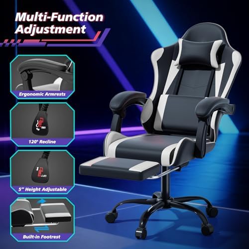 Magshion Gaming Chair for Adults, Ergonomic Computer Chair with Linkage Armrests, Height Adjustable Gamer Chair with Footrest and Headrest for Home Office, 350 Lbs Capacity, White