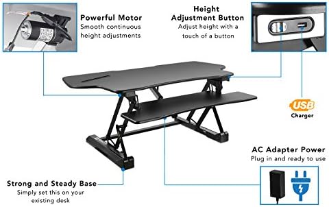 Mount-It! 48.5" Electric Standing Desk Converter for Dual Monitors, Motorized Sit Stand Electric Desk Riser with USB Port & Device Slot, Keyboard Tray, Adjustable Height Ergonomic Workstation, Black