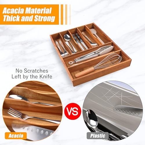 Bellsal Bamboo Silverware Organizer, 12"x15.7" Utensil Holder Cutlery Tray with Grooved Drawer Dividers for Kitchen Flatware, Bedroom, Office (7 Slot, Acacia)