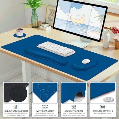 4 PCS Mouse Pad Desk Mat Protector, Keyboard Wrist Rest + Comfortable Mouse Pad with Wrist Rest +Coaster, Large Gaming Mousepad for Computer Laptop, 35.4"X 15.7" Deskpad for Office Home I Dark Blue