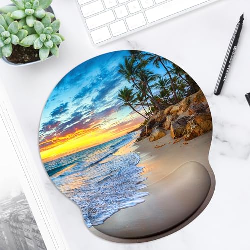 ITNRSIIET Ergonomic Mouse Pad with Wrist Support Wrist Rest Smooth Surface Non-Slip Rubber Base Comfortable Office Supplies Pain Relief, 9.8 x 9.1 inches, Beach