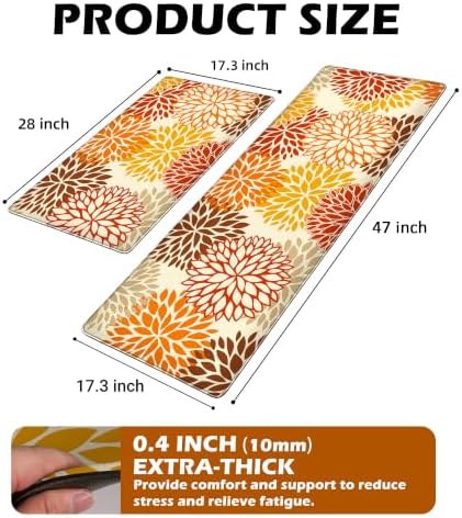 Orange Fall Kitchen Mats for Floor, Cushioned Anti Fatigue Memory Foam Kitchen Rugs Set of 2, Non Slip Waterproof Kitchen Runner Floor Mat, Comfort Standing Mat for Sink, Laundry, Autumn Home Decor