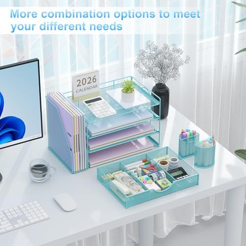 gianotter Desk Organizers and Accessories with File Holder, 4-Tier Desk Accessories & Workspace Organizers with Drawer and 2 Pen Holder, Paper Organizer for Office Supplies (Blue)
