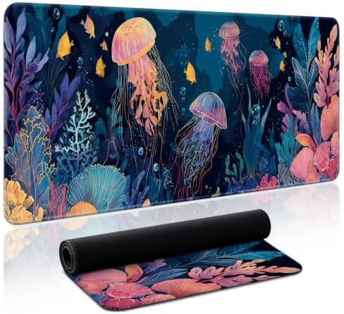 Aesthetic Desk Mat, Cute Ocean Jellyfish Desk Pad Protector for Work & Decor, 31.5" x 11.8", Pretty Non-Slip Extended Mouse Pad for Office or Home