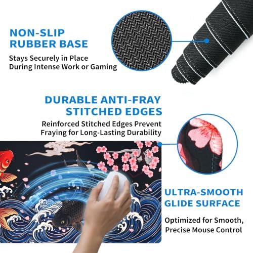 Extended Koi Fish Desk Mat, XL Large Gaming Mouse Pad, Japanese Great Wave Sakura Stitched Edges Waterproof with Non-Slip Rubber Base for Computer Keyboard Laptop Work Home Office 31.5"x11.8"