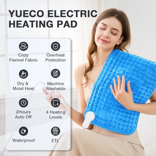 Dry & Moist Heating Pad for Back, Neck, Shoulders, Knees, Period Cramps, Sore Muscles, Soft Electric Heating Pad, Fast Heating,4 Heat Levels, Auto-Off, Machine Washable,Perfect Gifts (Blue,12"x24")