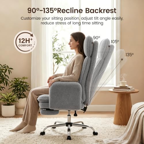 Big and Tall Office Chair, Criss Cross Chair with Flip Armrests & 6.7″ Plush Seat, 135° Reclining Cross Legged Office Chair, Sherpa Fleece, Gray
