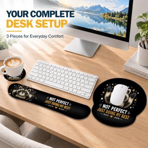 Raccoon Wrist Rest Mouse Pad 3 Piece Set with Keyboard Rest and Coaster