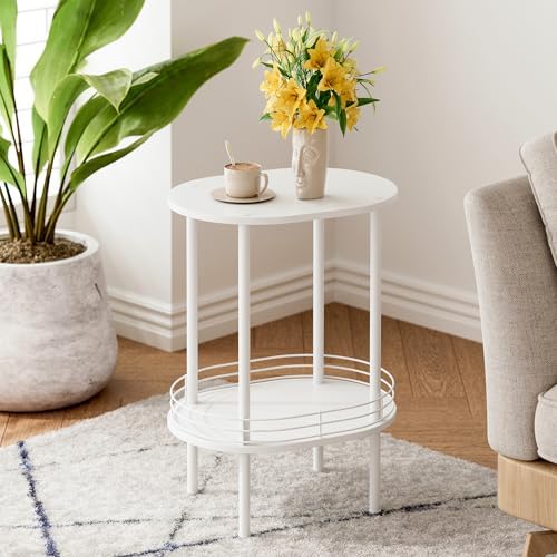 Small Oval Side Table with Storage, 2-Tier White End Table for Small Space