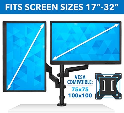 Mount-It! Dual Monitor Arm Desk Mount for 17–32" Screens, Gas Spring Adjustable Monitor Stand, Vertical Stack or Side-by-Side Setup, 17.6 lbs Each Arm, VESA 75x75 100x100, Clamp & Grommet Base MI-4762