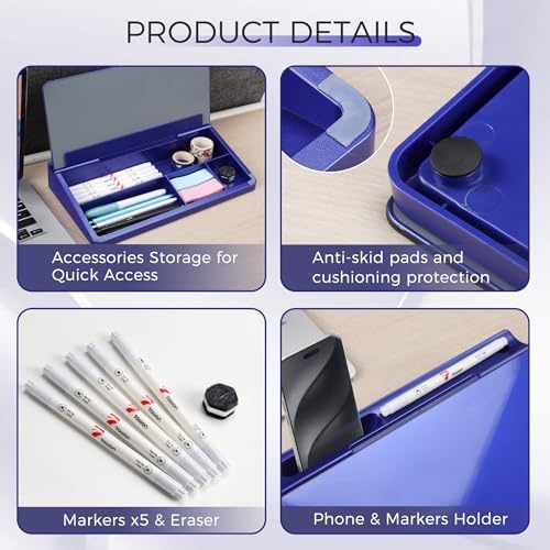 TOWON Compact Glass Desktop Whiteboard with Storage 12x7 in, Navy Blue