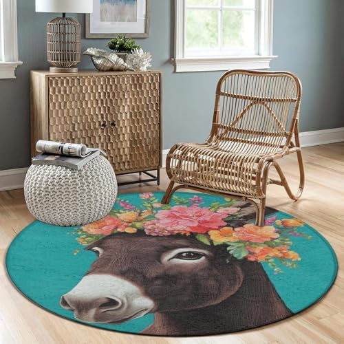 Home Decor Non Slip Kitchen Office Circle Rug, Machine Washable Modern Round Area Rug, Room Sofa Yoga Soft Round Carpet Donkey Animals, 60inch