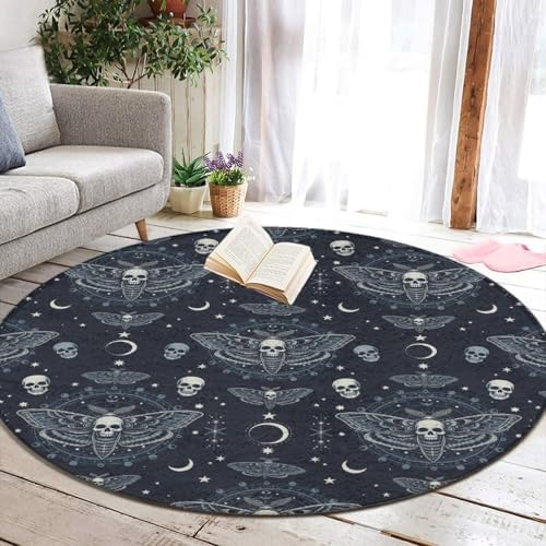 Large Round Area Rug Home Decor Modern Bathroom Rug Kitchen Office Circle Rug for Living Room Sofa Circle Cute Mat Goth Moth Dead Skull Moon