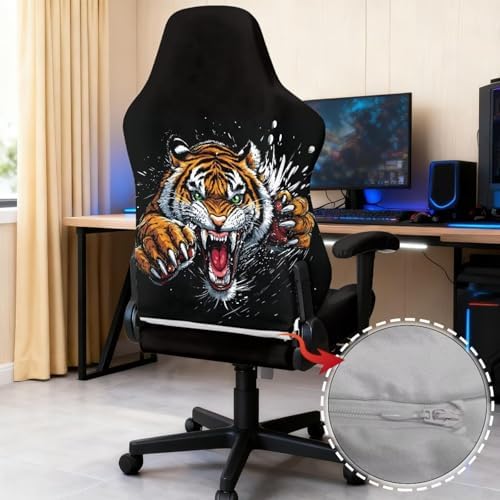 Tiger Gaming Chair Cover Stretchable Game Chair Slipcovers with 2 Armrest Covers, Scratch-Proof Gamer Desk Chair Covers for Computer Office Seat