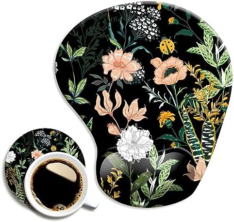 Dooke Ergonomic Mouse Pad with Wrist Support, Cute Mouse Pads with Non-Slip PU Base for Home Office Working Studying Easy Typing & Pain Relief Black Floral