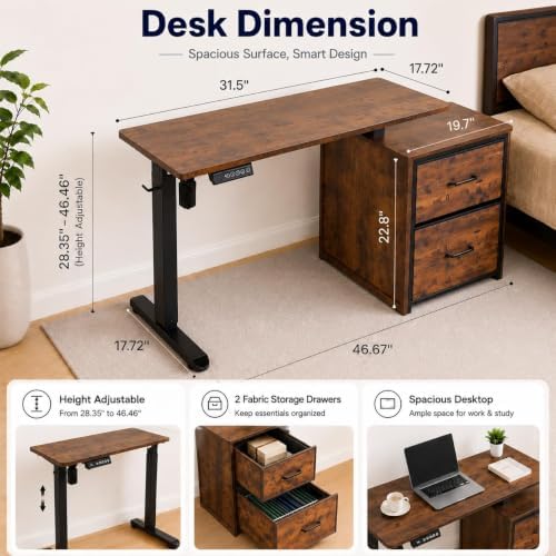 NORTHSKY Electric Standing Desk with Storage, 32x18 Inches Small Height Adjustable Sit Stand Up Desk with Storage for Home Office Computer Workstation, 3 Memory Preset, 1 Hook, Brown