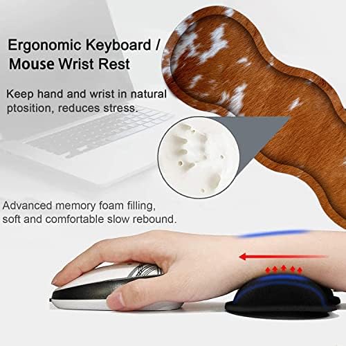Large Gaming Mouse Pad, Keyboard Wrist Rest pad + Mouse Wrist pad + Coaster Set Extended Waterproof Non-Slip Table mat Suitable for Home Office Learning Games - Cowhide Leopard Brown Cow