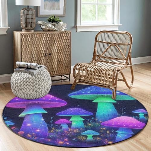 Soft Round Yoga Carpet, Office Chair Decor Round Mat for Carpet and Hardwood Floors Neon Mushrooms
