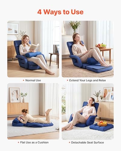 VEVOR Floor Chair, 5 Adjustable Positions Folding Floor Gaming Chair with Back Support, Armrests, and Cushion, Sturdy Metal Frame with Recycled Foam and Linen Fabric, for Reading, Relaxing, Dark Blue