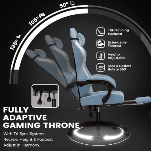 GTPLAYER Gaming Chair Fabric with Pocket Spring Cushion, Big and Tall Gamings Chairs 350LBS High Back Computer Chair with Footrest for Adults Lumbar Support Swivel Game Chair for Office Light Blue