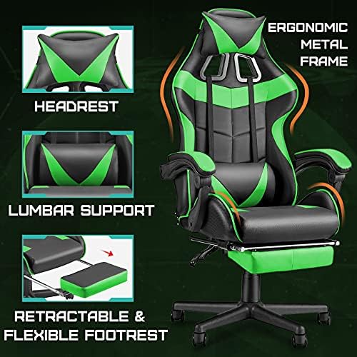Huracan Gaming Chair with Footrest, Ergonomic Computer Chair Lumbar Support, Adjustable High Back Recliner for Adults, Racing Style Video Gaming Chairs, for Home Office Streaming, Green