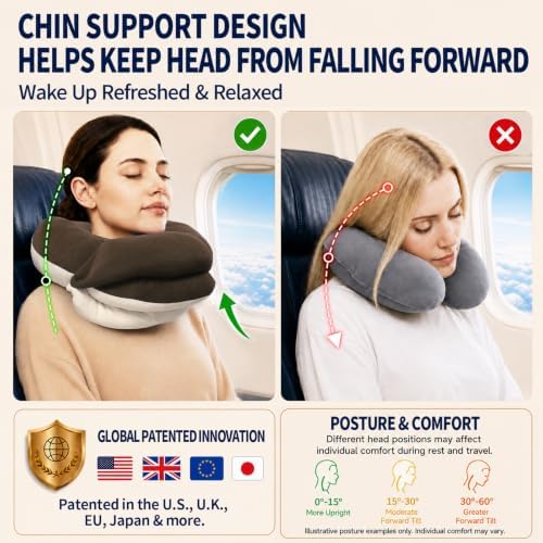BUYUE Travel Neck Pillows for Airplanes, Memory Foam 360° Head Support Sleep for Long Flight, Skin-Friendly & Breathable, Kit with Eye Mask, Earplugs and Storage Bag (Adult, Brown, 90+ lbs)