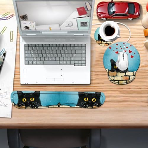 Keyboard Wrist Rest and Mouse Pad Wrist Support Set with Coaster,Comfortable for Easy Typing,Pain Relief,Memory Foam Keyboard Pad Set for Laptop Mac,Cute Black Cat