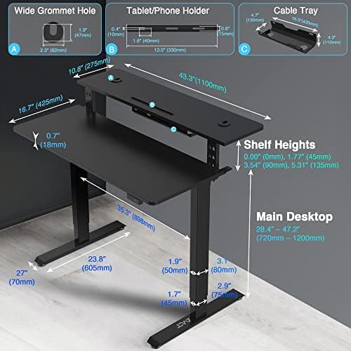 AVLT 47″ Electric Standing Desk with Dual-Tier Shelf & Tablet Holder Black