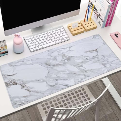 White Grey Marble Print Large Gaming Mouse Pad Keyboard Desk Pad Extended Mouse Pad Gaming Office Decor, PC Laptop Mouse Pads Large (31.5x11.8 in) with Stitched Edges Non-Slip Base Mousepad XL