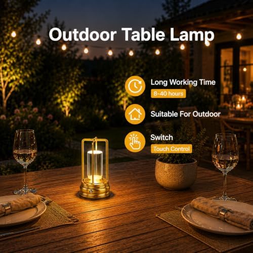 Cordless Table Lamp, Rechargeable LED Outdoor Table Lamp, Touch Control, 3 Color Temperatures, Stepless Dimming for Patio, Deck, Garden & Outdoor Dining, Gold