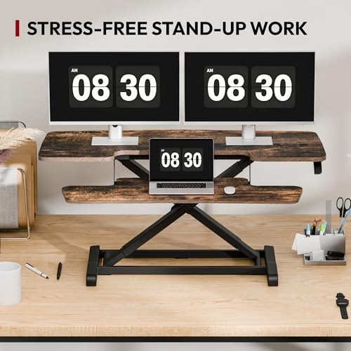 SANODESK 42" Extra Large Standing Desk Converter, Effortless Lift Sit-Stand Riser, Heavy Duty Multi-Device Workstation, Spacious Ergonomic Desktop Riser, Rustic Brown