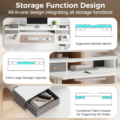 Electric Standing Desk with Drawers, 63 Inch Height Adjustable Desk with Power Outlets & LED Lights, Sit Stand Table with Monitor Stand for Home, Office, White