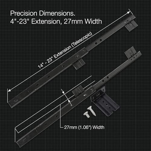 1 Set Underdesk Keyboard Tray Sliding Rails, 14-23 Inch Heavy Duty Steel Drawer Slides Ball Bearing Extension Rails Hardware Kit Pull Out Computer Keyboard Slides Quiet Mount Track Telescopic Runners